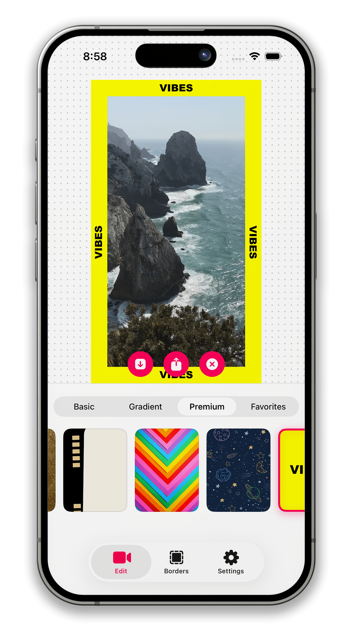 Brders app preview showing border styles on a phone screen.